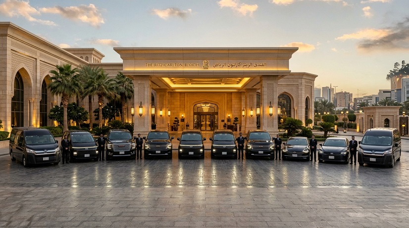 Luxury car service fleet on high speed highway corridor between Jeddah airport and Makkah hotels